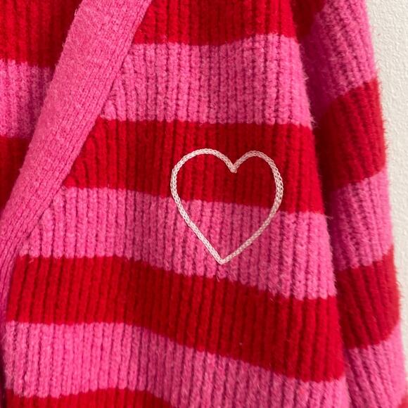 A New Day Cardigan Sweater Women XXL Pink Red Striped Heart Embroidery Coquette - Picture 2 of 7